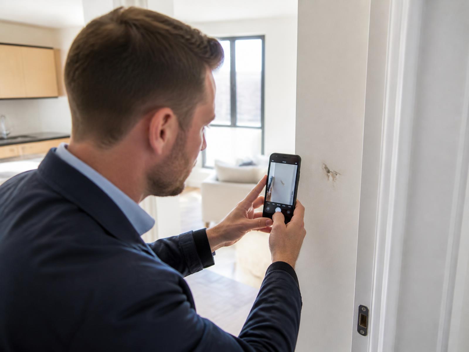 Hausverwalter fotografiert einen Schaden mit dem Smartphone für die digitale Dokumentation
